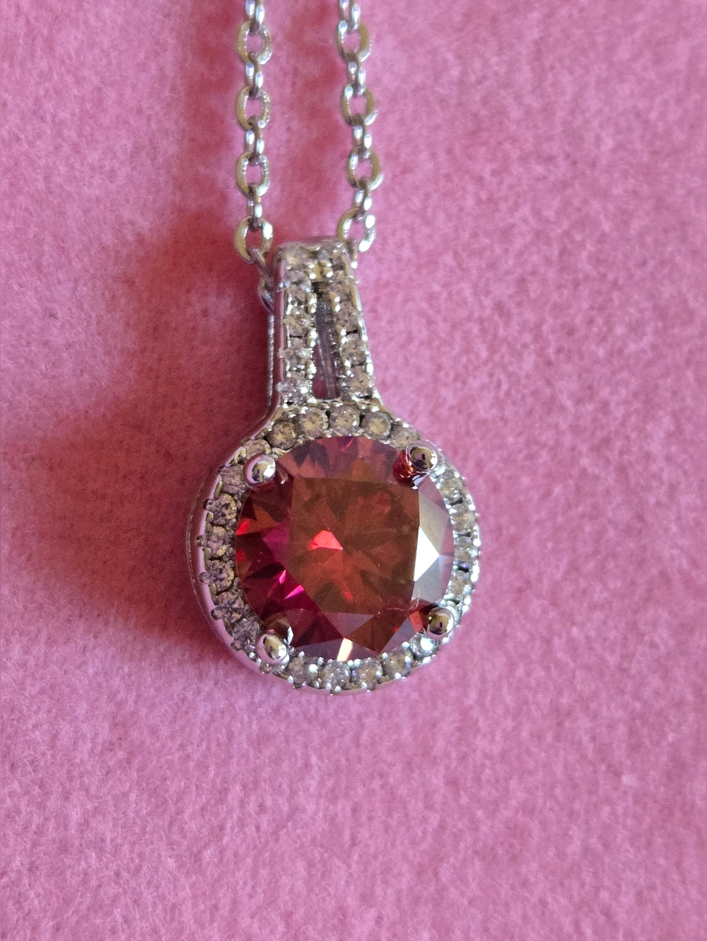 Moissanite 2 Carat Watermelon Red Halo Pendant Necklace in Silver Tone